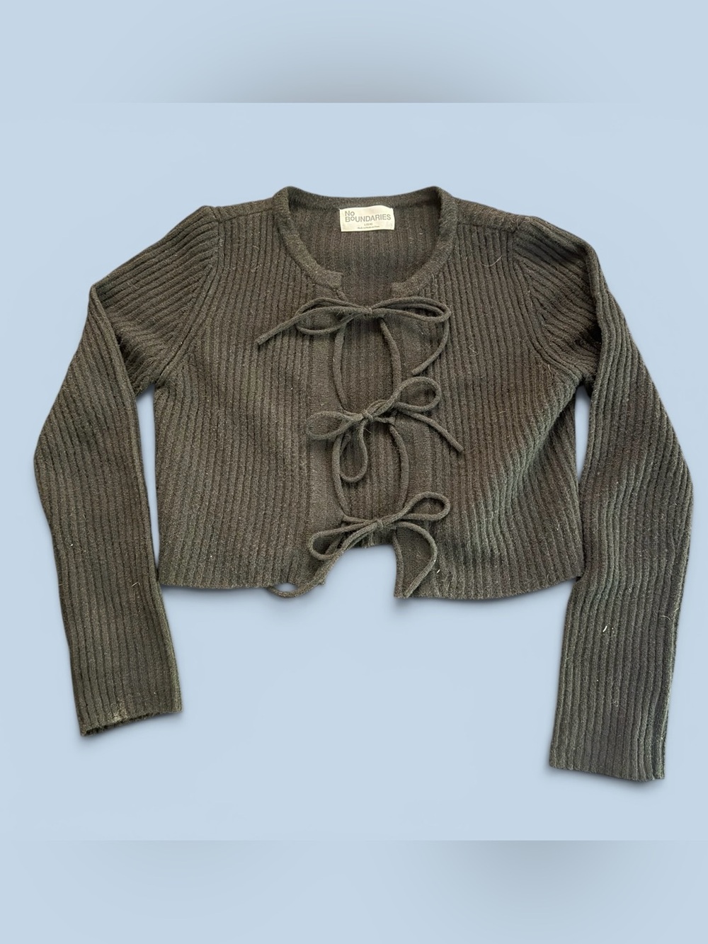 No Boundaries Black Ribbed Tie-Front Cropped Sweater